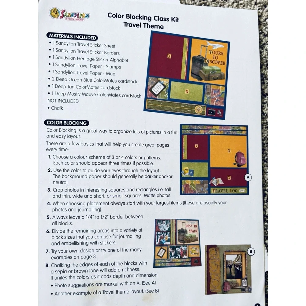 Sandy Lion Color Blocking Class‎ Kit Travel Theme - Vintage Stickers Paper Guide